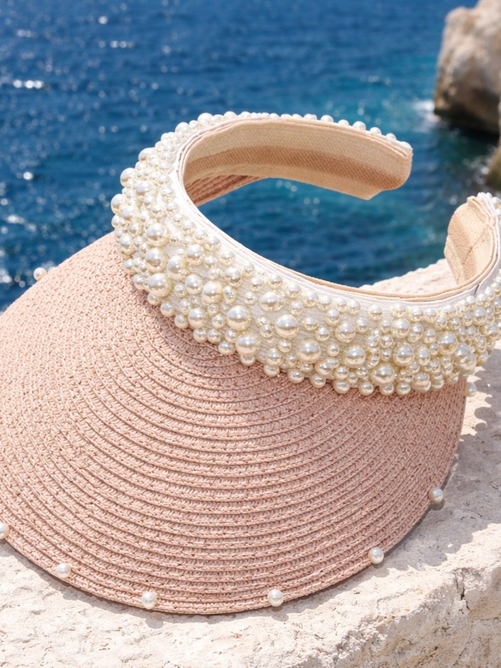 Straw Visor With Pearl Headband Pink One Size